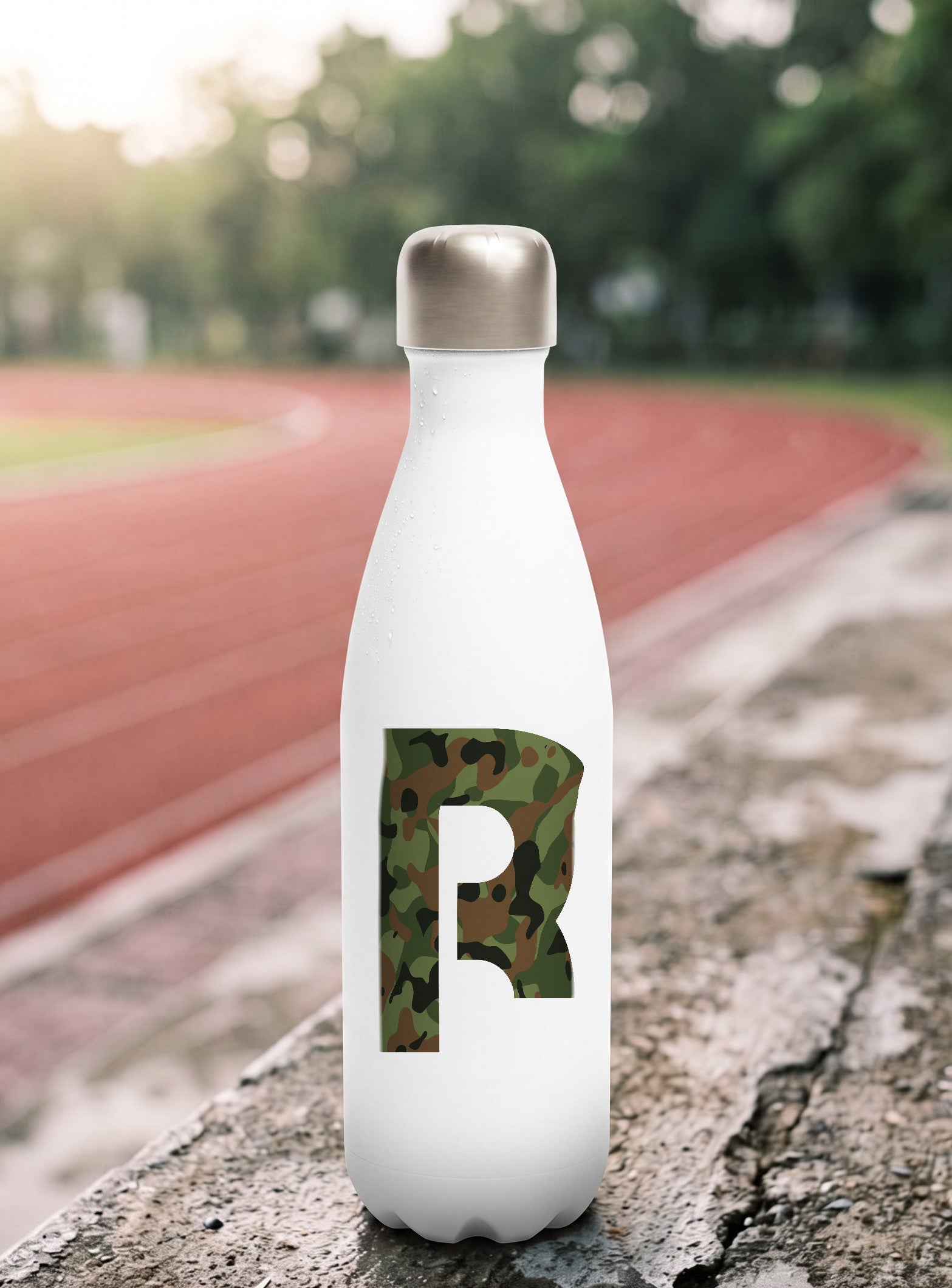 Runner At Work camo water bottle on a running track